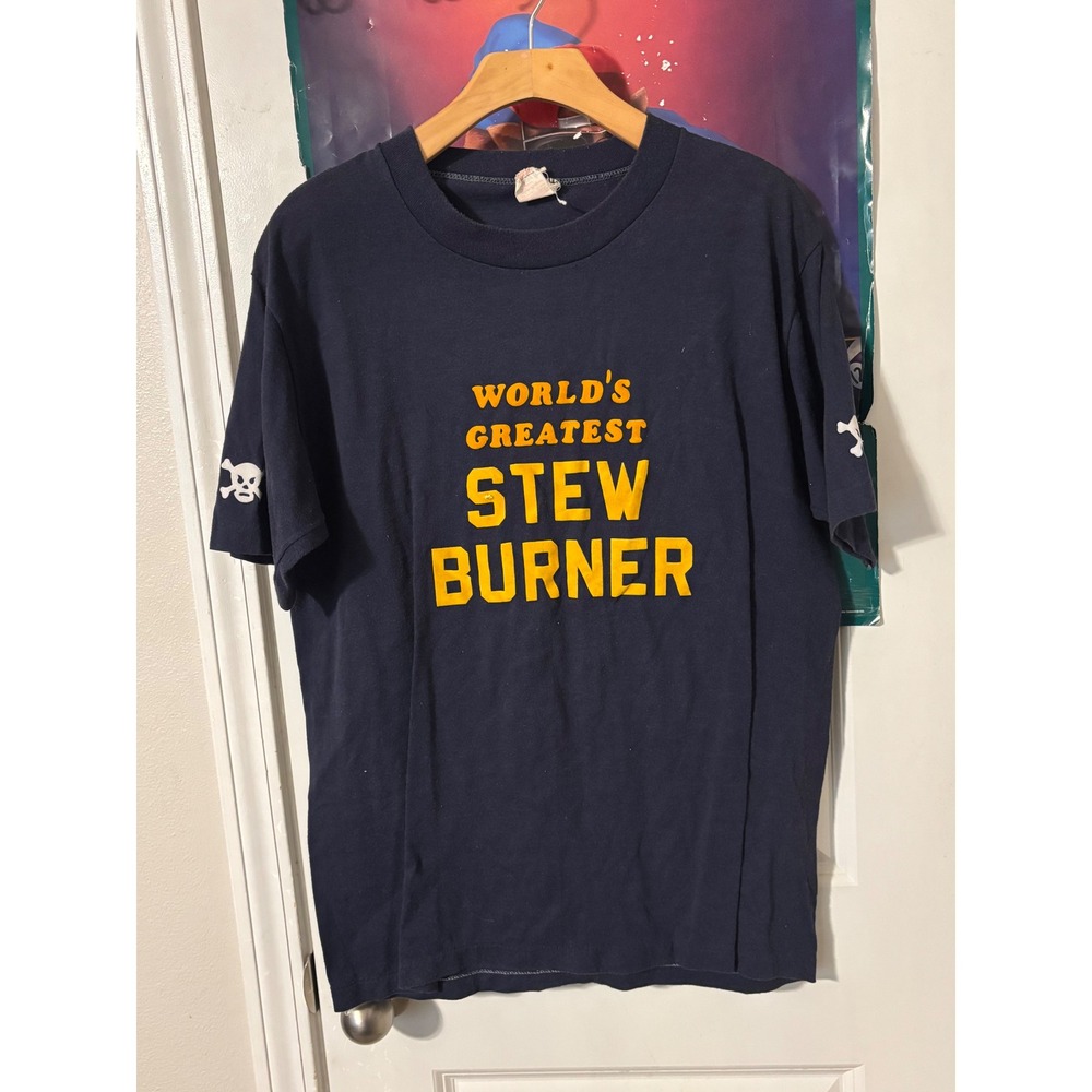 Vintage 80s Worlds Greatest Stew Burner T-Shirt Navy Blue Skull Graphic Large